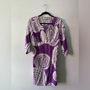 Boden Purple & White Medallion Boho Graphic Linen 3/4 Sleeve Mini Dress 4